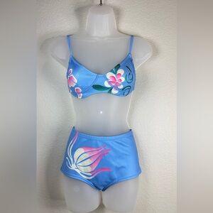 C. Rowley Floral Blue‎ High Waisted Neoprene Bikini Set Top Medium Bottom Small